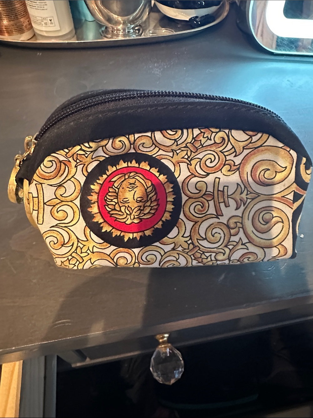 Versace Gold Scroll Pattern Pouch with Black Trim